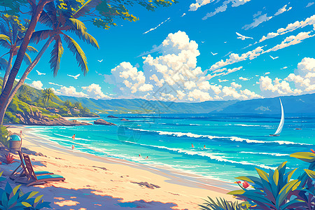 沙滩椅夏日恬静的岛屿插画