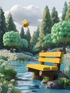 小蜜蜂在河边的长椅上图片