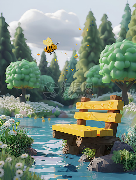 小蜜蜂在河边的长椅上图片