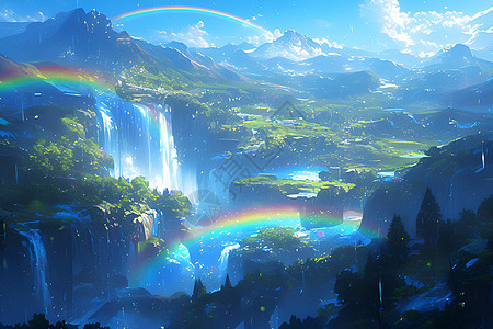 梦幻瀑布彩虹下的魔幻景色图片