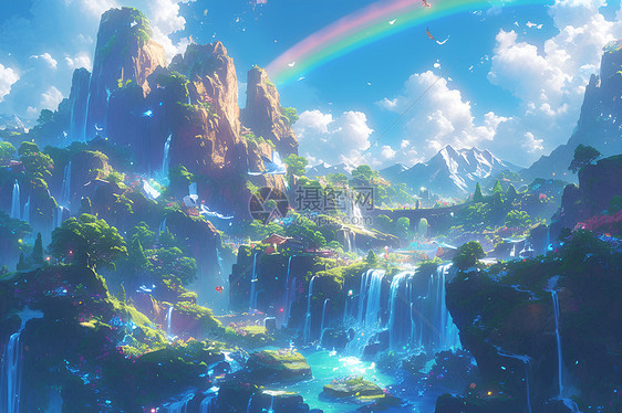 幻境中流瀑下的绚丽彩虹图片