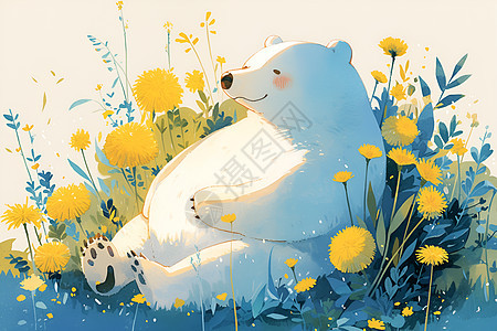 黄花丛中的白熊图片