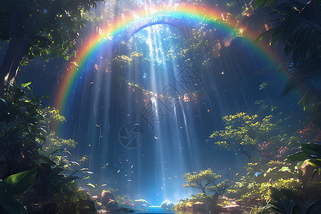 山谷的瀑布和彩虹图片