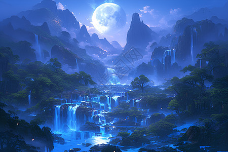 夜晚山间的瀑布背景图片