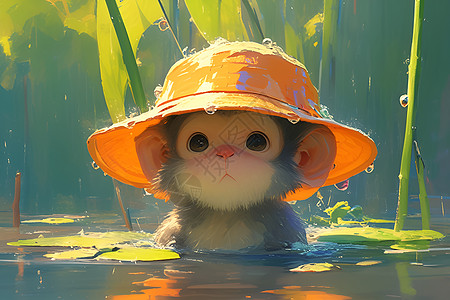 水猴子头戴橙色无沿帽胖图片