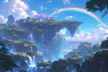 奇幻瀑布与绚丽彩虹图片