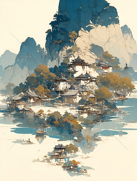 山水丹青风情插画图片