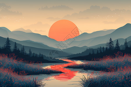 日落时的湿地插画高清图片