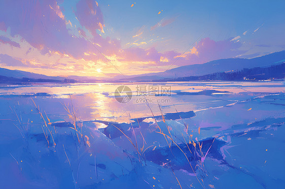 日落下的冰湖插画图片