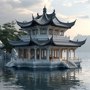 湖面上的传统建筑图片