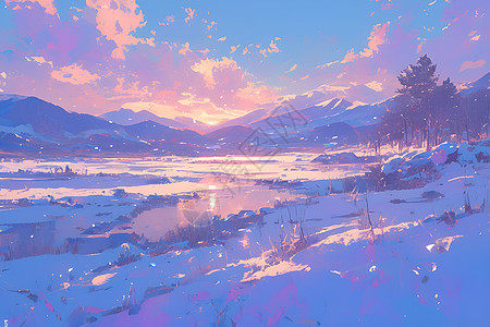 夕阳下的山脉雪景图片
