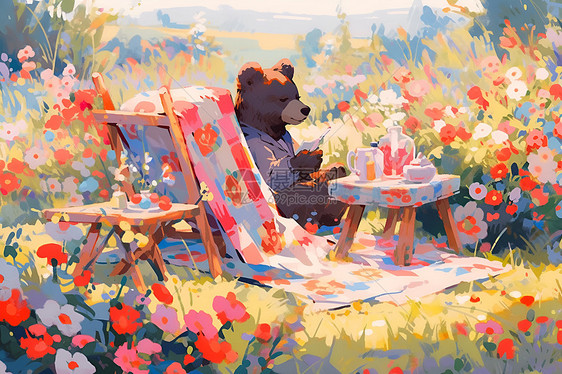熊在花田野餐图片