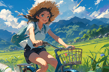 骑自行车女孩少女骑自行车插画