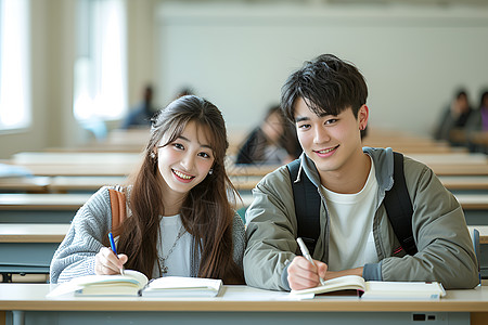 男孩插画桌边学习的情侣背景