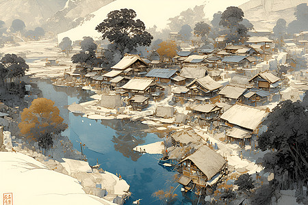 山谷中的村庄背景图片