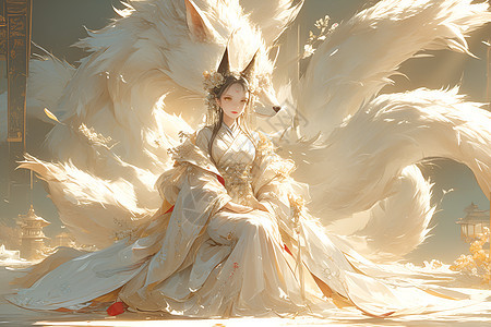 九尾狐妖化身的神秘女孩华美的中国婚纱衬托出她的灵动身姿在细腻的花朵背景下图片
