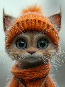 可爱猫咪戴着橙色针织帽子图片