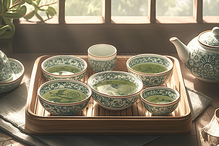 绿茶和精美的茶具背景图片
