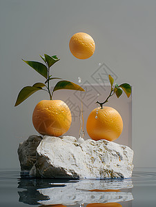石头上摆放着两个橙子高清图片
