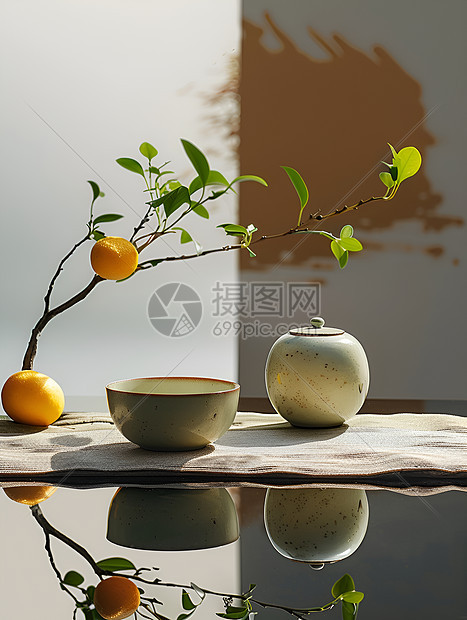 茶碗和摆放的植物图片
