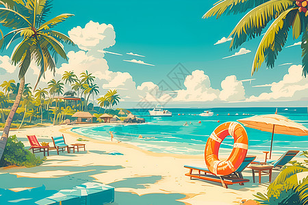 热带沙滩的绘画图片