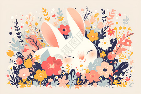 柔和花朵簇拥下可爱小兔子图片