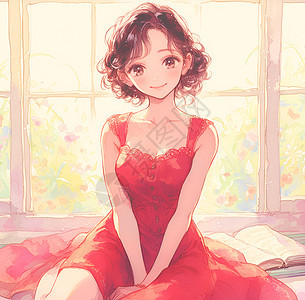 窗前微笑的红裙女孩图片