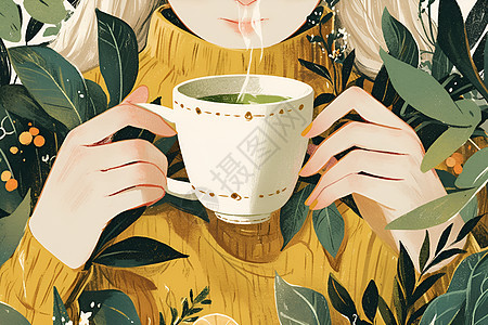 捧着一杯绿茶的女孩图片