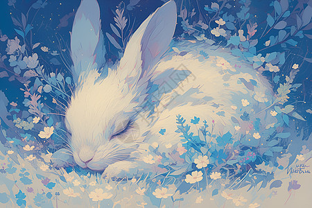 白兔沉睡插画图片