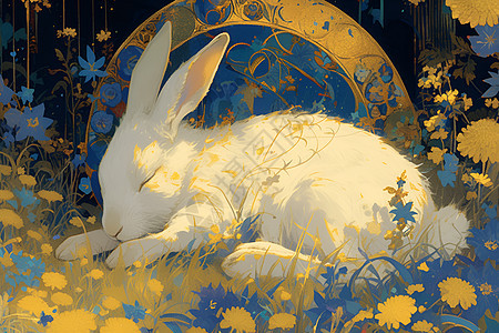 花丛中沉睡的白兔图片