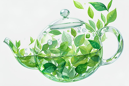 绿茶叶在玻璃茶壶中盘旋图片