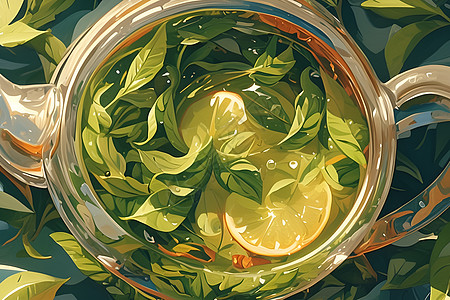 玻璃壶里的绿茶图片