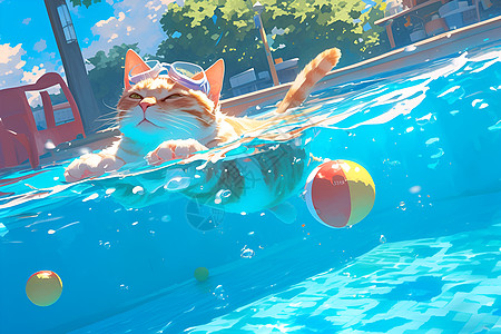 泳池中的猫咪图片
