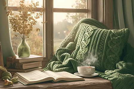 窗前书桌上的毯子和书籍图片