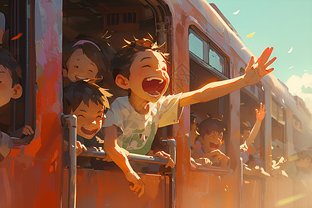 一群孩子在火车上图片