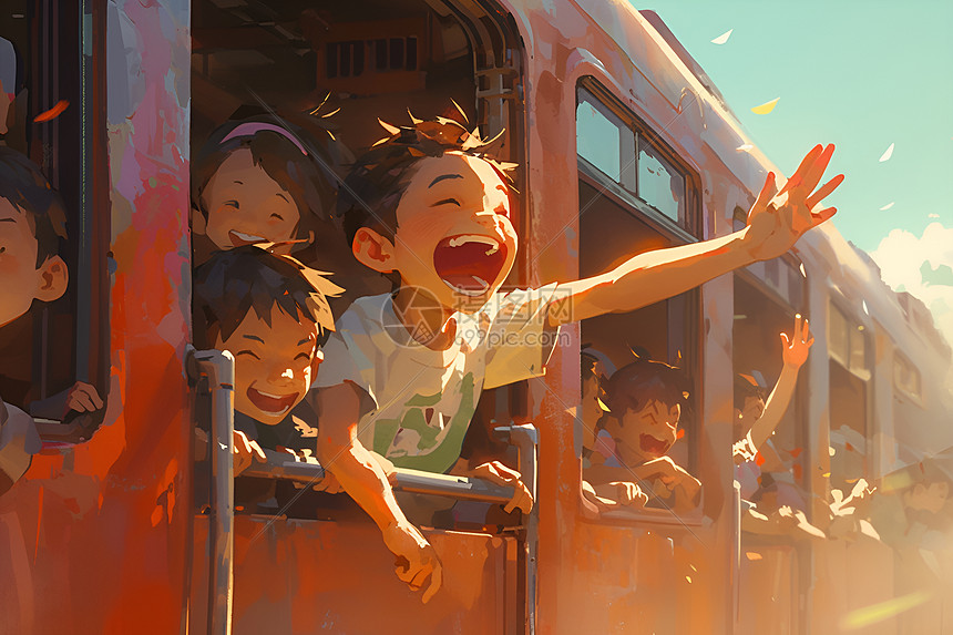 一群孩子在火车上图片