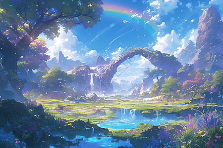 彩虹照耀的瀑布世界背景图片