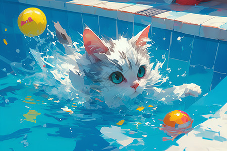 猫咪在泳池里玩耍图片