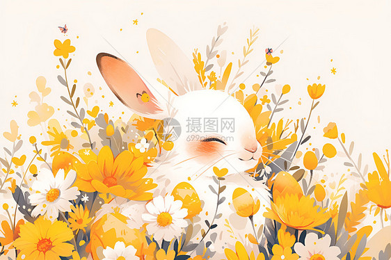 草地中可爱的卡通兔子图片