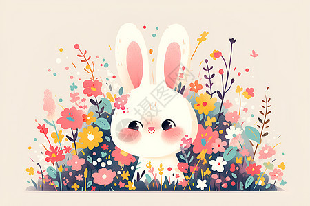 花丛中的可爱卡通兔子图片