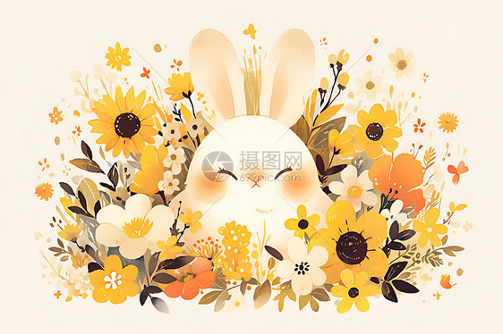 鲜花中的卡通兔子图片