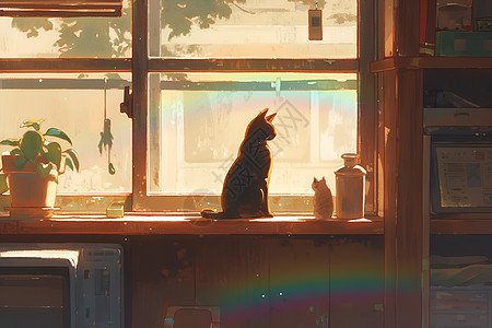 窗外彩虹光影和猫咪图片