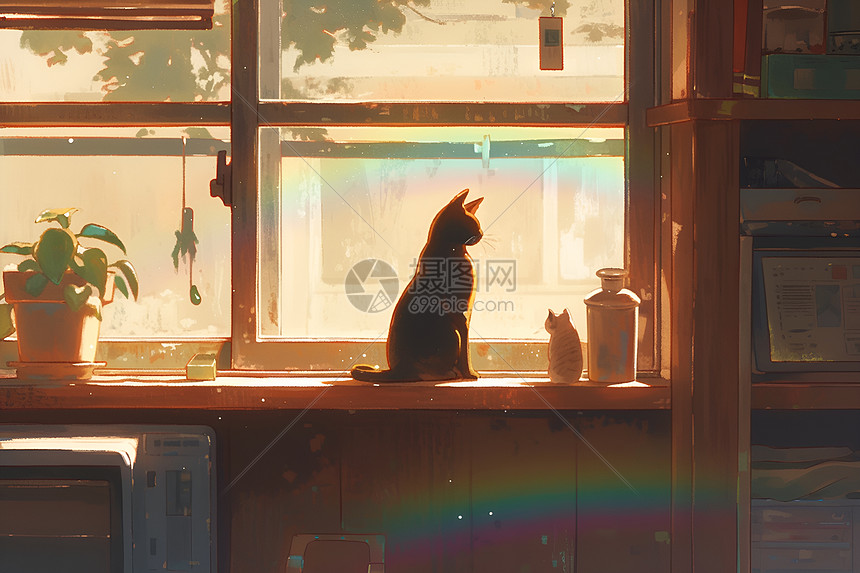 窗外彩虹光影和猫咪图片