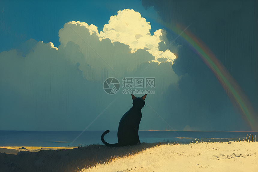 猫坐在海滩上观看彩虹的猫咪图片