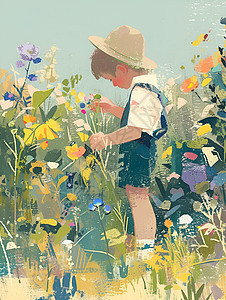 戴着帽子的男孩采集野花图片
