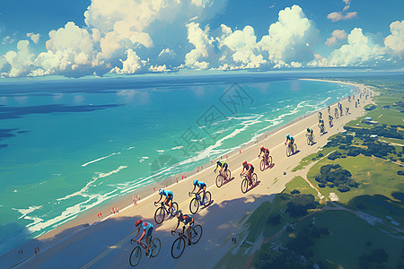蓝天海滩上的自行车竞赛图片