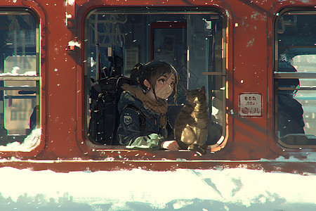 坐在红色火车中的女孩图片
