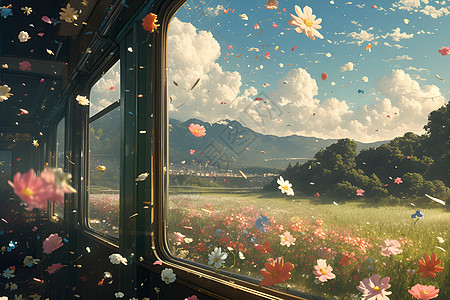 火车驶过浪漫花海图片