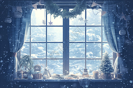 窗外雪景插画图片