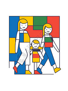 彩色方块中的家庭步行图片